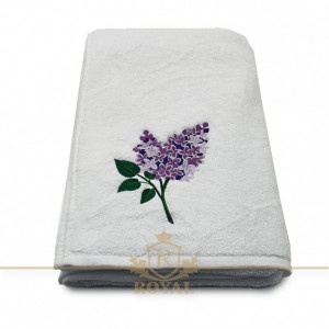 Prosop baie Brodat Liliac, bumbac 100%, alb, 70x140cm - 650gr/mp