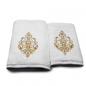 Set 2 Prosoape baie Brodate Alb cu broderie Laurent Gold, bumbac 100%