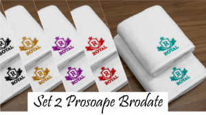 Set 2 Prosoape baie Brodate, Model Royal, Prosoape HOTEL, bumbac 100%, alb, 70x140cm+50x90cm-680gr/mp