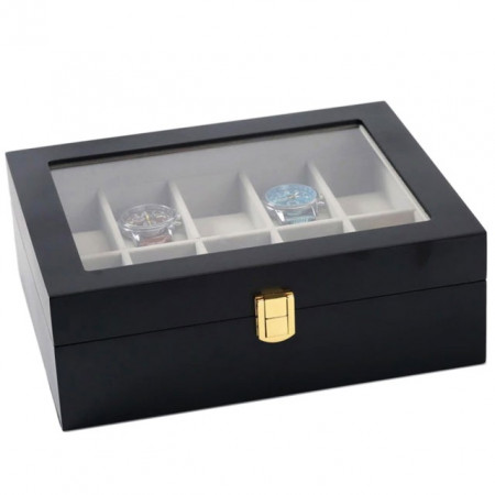 Cutie caseta din lemn pentru depozitare si organizare 10 ceasuri, model Pufo Premium, negru