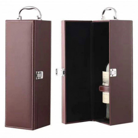 Cutie caseta eleganta pentru sticla, cu maner si set de 4 accesorii pentru vin incluse, model clasic, maro, Pufo