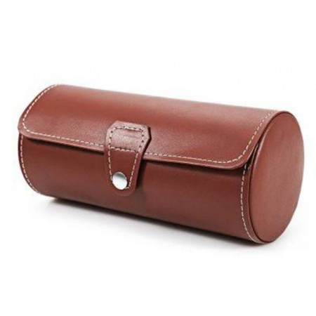 Pachet cutie caseta depozitare si transport din piele ecologica pentru 3 ceasuri + 1 ceas barbatesc elegant DEEP RED, cifre romane, curea maro, Pufo