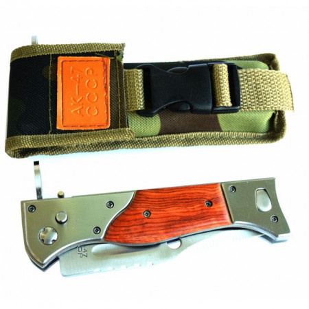 Pachet cutit briceag inscriptionat AK-47 CCCP 27 cm, husa camuflaj din material textil + prastie metalica de buzunar cu cauciuc natural, latex, rezistent