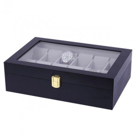 Cutie caseta din lemn pentru depozitare si organizare 12 ceasuri, model Pufo Premium, negru
