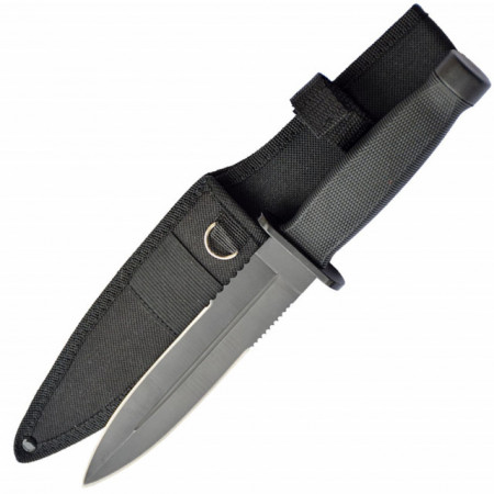 Cutit tactic 28.5 cm cu lama dubla si varf ascutit, maner ergonomic, teaca inclusa, model Premium, negru