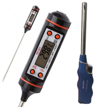 Pachet termometru digital cu sonda pentru bucatarie, lichide, alimente, lactate, prajituri, ceara, etc. -50° C - +300° C + Aprinzator reglabil si reincarcabil pentru aragaz tip bricheta, albastru
