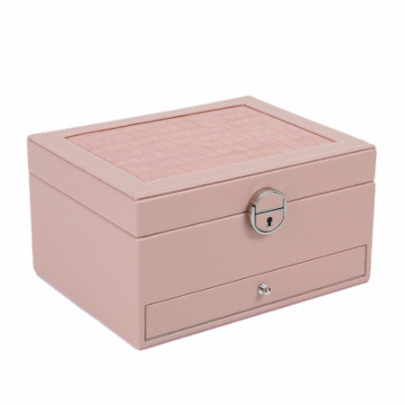 Cutie eleganta de dama Pufo Glamour pentru depozitare si organizare bijuterii si accesorii, model etajat, roz