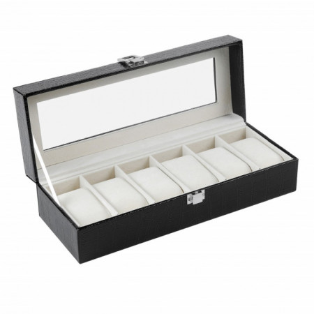Oferta! Caseta eleganta depozitare cu compartimente pentru 6 ceasuri, imprimeu crocodil negru + 6 ceasuri barbatesti