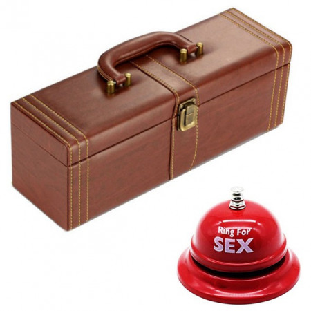 Pachet geanta tip cufar pentru vin, model Vintage cu maner si accesorii incluse + sonerie receptie amuzanta ”Ring for SEX”