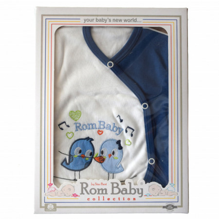 Set nou nascuti 0-3 luni 100% bumbac din 5 piese: pantaloni cu botosel, bluzita cu capse, bavetica, caciulita, manusi, model alb/albastru cu pasarele