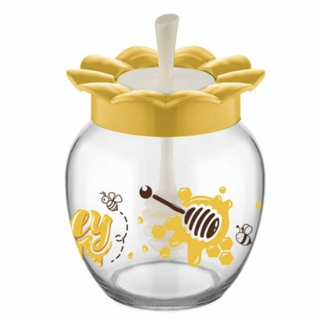 Borcan din sticla Pufo Honey cu capac si lingura pentru colectare miere, 370 ml