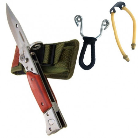 Pachet cutit briceag inscriptionat AK-47 CCCP 27 cm, husa camuflaj din material textil + prastie metalica de buzunar cu cauciuc natural, latex, rezistent