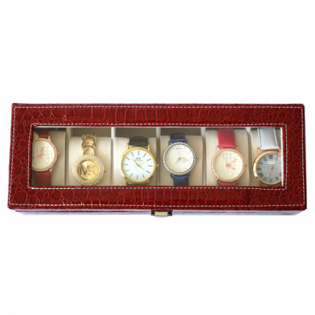 Pachet! Caseta eleganta depozitare cu compartimente pentru 6 ceasuri, imprimeu crocodil rosu + 6 ceasuri de dama