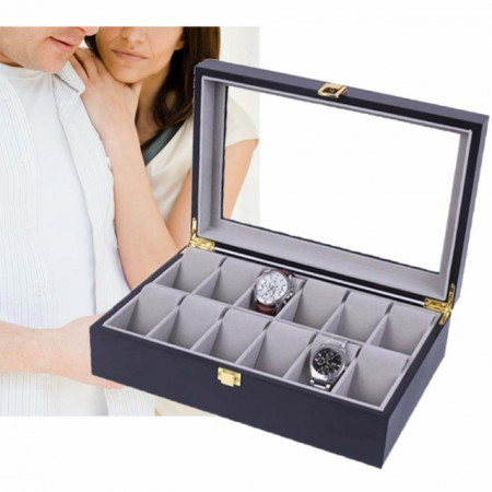 Cutie caseta din lemn pentru depozitare si organizare 12 ceasuri, model Pufo Premium, negru