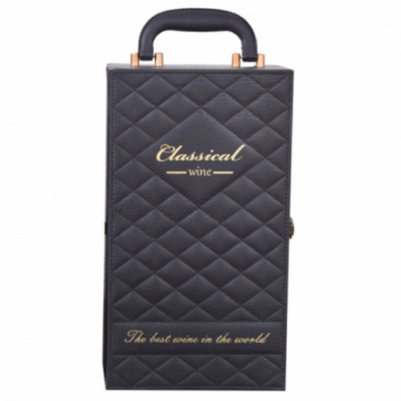Cutie caseta eleganta cu 2 compartimente pentru sticle de vin, model Premium cu maner si 4 accesorii incluse, negru