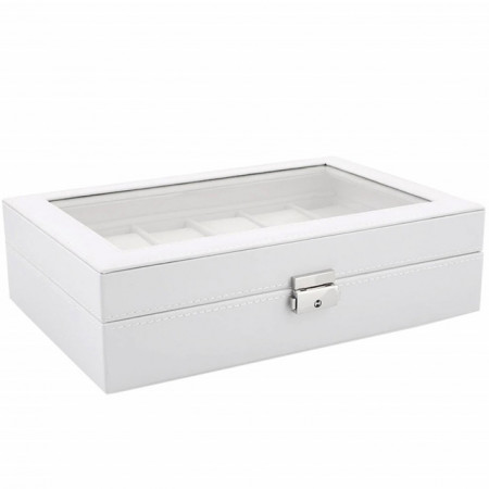 Cutie caseta eleganta depozitare cu compartimente pentru 12 ceasuri, model Premium cu cheita, alb, Pufo