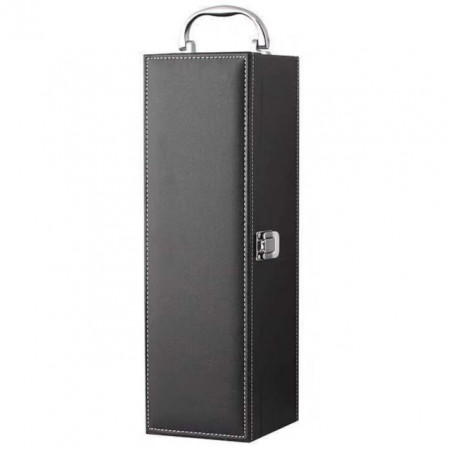Cutie caseta eleganta pentru sticla, cu maner si set de 4 accesorii pentru vin incluse, model clasic, negru, Pufo