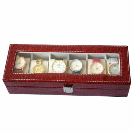 Pachet! Caseta eleganta depozitare cu compartimente pentru 6 ceasuri, imprimeu crocodil rosu + 6 ceasuri de dama