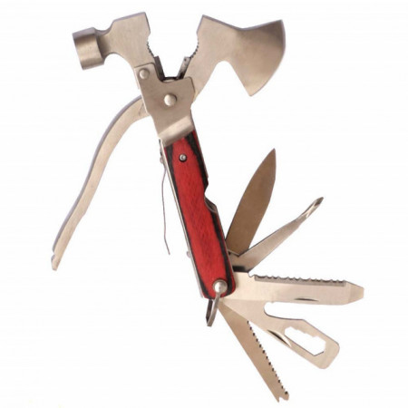 Topor tip briceag multifunctional Pufo pentru camping cu patent, ciocan, fierastrau, desfacator, surubelnita, cutit, etc