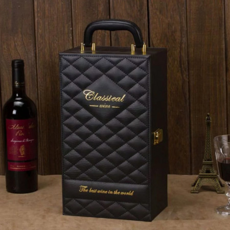 Cutie caseta eleganta cu 2 compartimente pentru sticle de vin, model Premium cu maner si 4 accesorii incluse, negru