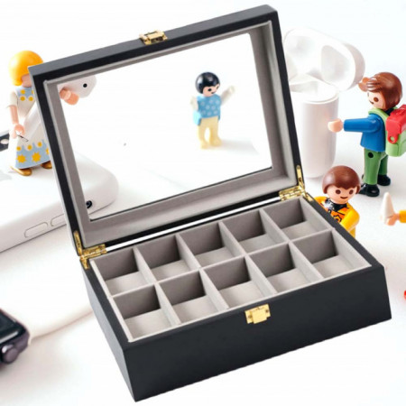 Cutie caseta din lemn pentru depozitare si organizare 10 ceasuri, model Pufo Premium, negru