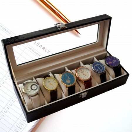 Oferta! Caseta eleganta depozitare cu compartimente pentru 6 ceasuri, imprimeu crocodil negru + 6 ceasuri barbatesti