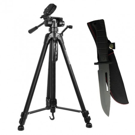 Pachet trepied foto telescopic Weifeng WT-3540 universal 61-157 cm + cutit de vanatoare 30 cm, negru cu teaca