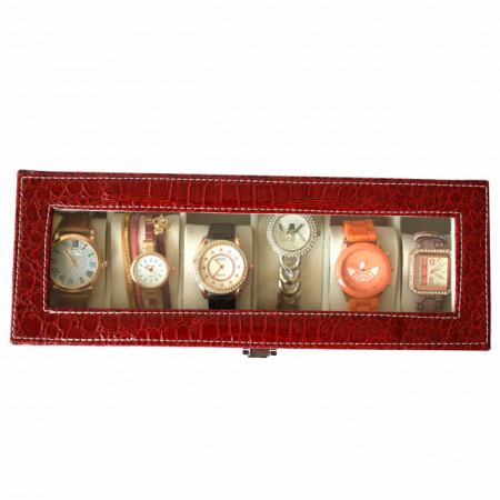 Oferta! Caseta eleganta depozitare cu compartimente pentru 6 ceasuri, imprimeu crocodil rosu + 6 ceasuri de dama