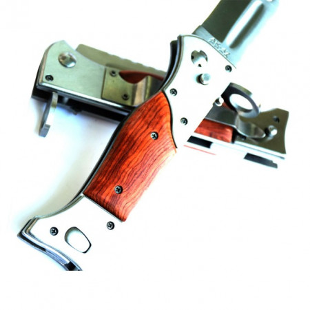 Pachet cutit briceag inscriptionat AK-47 CCCP 27 cm, husa camuflaj din material textil + prastie metalica de buzunar cu cauciuc natural, latex, rezistent