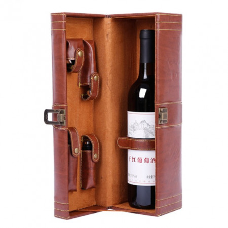 Pachet geanta tip cufar pentru vin, model Vintage cu maner si accesorii incluse + sonerie receptie amuzanta ”Ring for SEX”