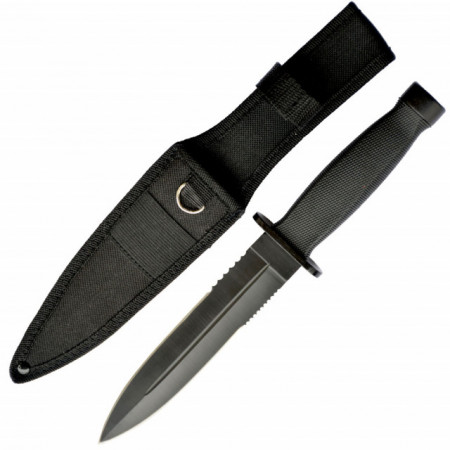 Cutit tactic 28.5 cm cu lama dubla si varf ascutit, maner ergonomic, teaca inclusa, model Premium, negru