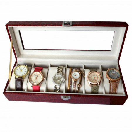 Oferta! Caseta eleganta depozitare cu compartimente pentru 6 ceasuri, imprimeu crocodil rosu + 6 ceasuri de dama