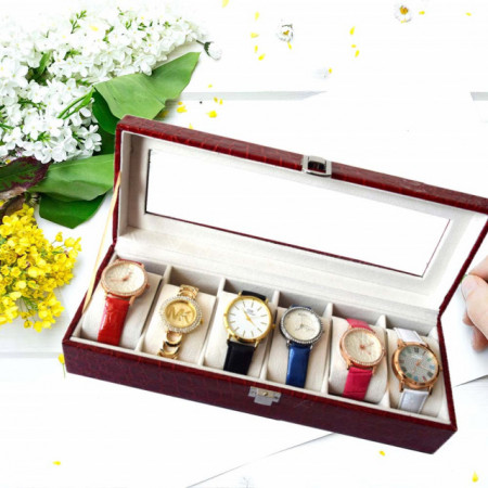 Pachet! Caseta eleganta depozitare cu compartimente pentru 6 ceasuri, imprimeu crocodil rosu + 6 ceasuri de dama