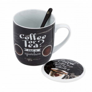 Cana din portelan pentru cafea sau ceai cu lingurita, 355ml, Pufo
