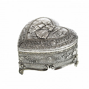 Caseta antimoniu metalica Pufo Heart pentru depozitare si organizare bijuterii si accesorii, model in forma de inima, argintiu
