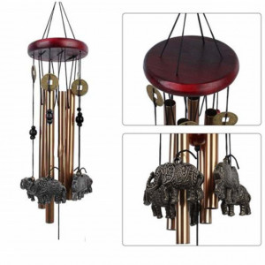 Clopotel de vant cu 6 tuburi sonore metalice aurii pentru casa sau gradina, model Feng-Shui cu 6 elefanti si monede