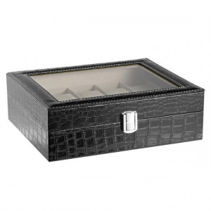 Cutie caseta eleganta depozitare cu compartimente pentru 10 ceasuri, imprimeu crocodil, negru