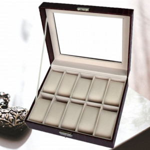 Cutie caseta eleganta depozitare cu compartimente pentru 10 ceasuri, imprimeu crocodil, model Premium cu cheita, visiniu, Pufo