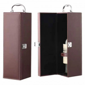 Cutie caseta eleganta pentru sticla, cu maner si set de 4 accesorii pentru vin incluse, model clasic, maro, Pufo