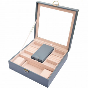 Cutie caseta eleganta Pufo Glamour cu oglinda pentru depozitare si organizare bijuterii, albastru