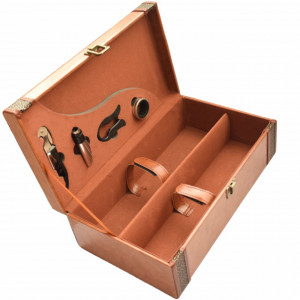 Cutie eleganta cu 2 compartimente pentru sticle de vin, model Pufo Elite cu maner si 4 accesorii incluse, maro