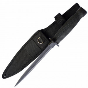Cutit tactic 28.5 cm cu lama dubla si varf ascutit, maner ergonomic, teaca inclusa, model Premium, negru