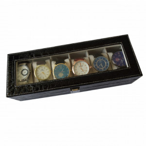 Oferta! Caseta eleganta depozitare cu compartimente pentru 6 ceasuri, imprimeu crocodil negru + 6 ceasuri barbatesti