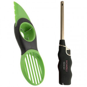 Pachet Cutit special Pufo 3 in 1 pentru curatat si feliat avocado + Aprinzator reglabil si reincarcabil pentru aragaz tip bricheta, negru