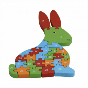 Puzzle din lemn Pufo pentru copii cu numere si cifre, model Iepuras, 26 piese, 31 cm