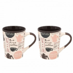Set 2 cani ceramice pentru cafea, But first Coffee, 380 ml