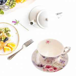 Set 2 cesti cu farfurioara Pufo Ellegance pentru cafea sau ceai, portelan