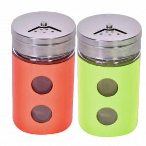 Set 2 solnite Pufo pentru sare si piper din sticla, capac metalic