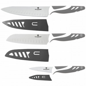 Set 3 cutite de bucatarie Blaumann cu lama din otel inoxidabil + 3 protectii lama, BL-5022, gri