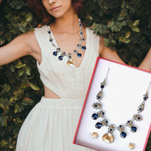Set colier statement si cercei cu cristale bleumarin, Blue touch